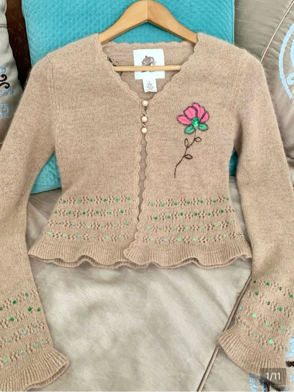 Swallow Wool Angora Blend Crocheted Embroidered V-Neck Cardigan Sweater